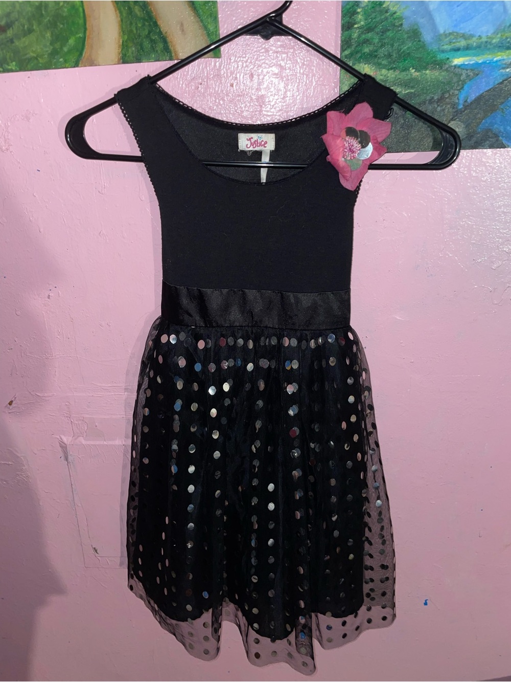 Justice Girls Black Sequin Tulle Dress Sleeveless Pink Flower Accent